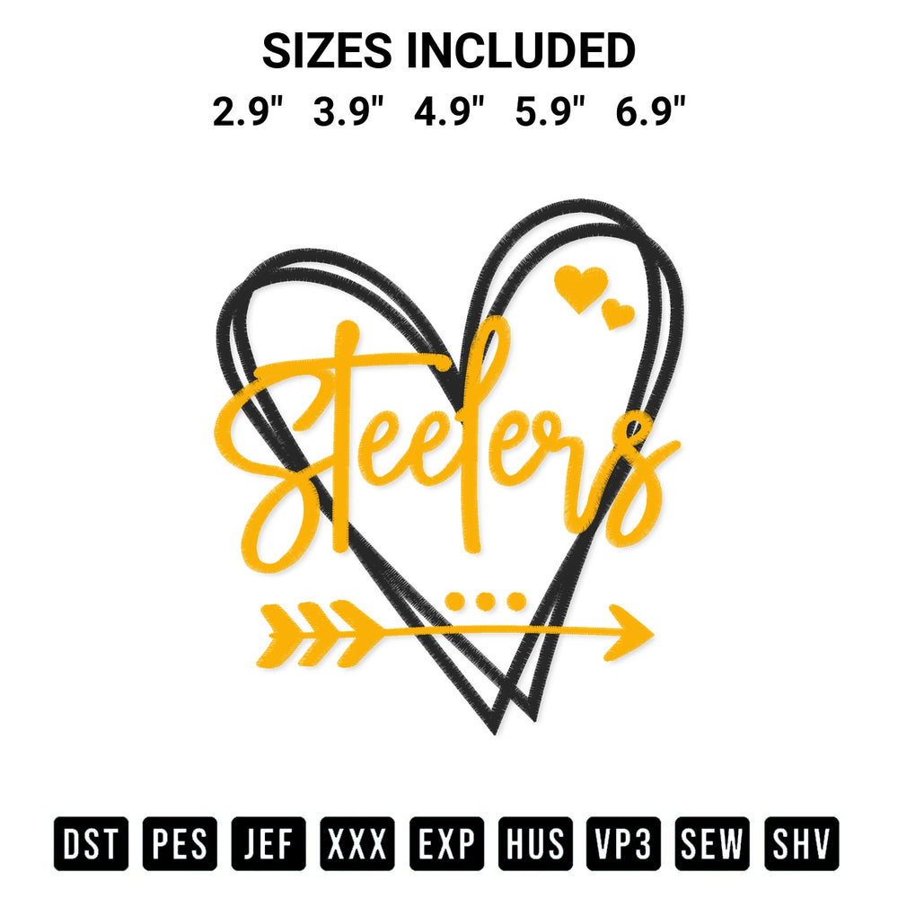Download the Pittsburgh Steelers Heart Embroidery Design machine embroidery design exclusively at Designspacks.com. Premium digitized pattern for apparel and DIY crafts. Available sizes: 2.9", 3.9", 4.9", 5.9", 6.9".