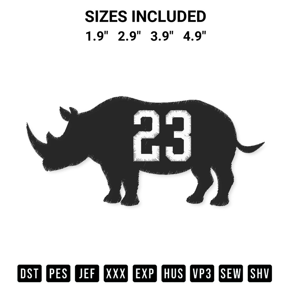 Transform your fabrics with the Rhino 23 Embroidery Design embroidery design. Instant access to premium digitized patterns at Designspacks.com. Available sizes: 1.9", 2.9", 3.9", 4.9".