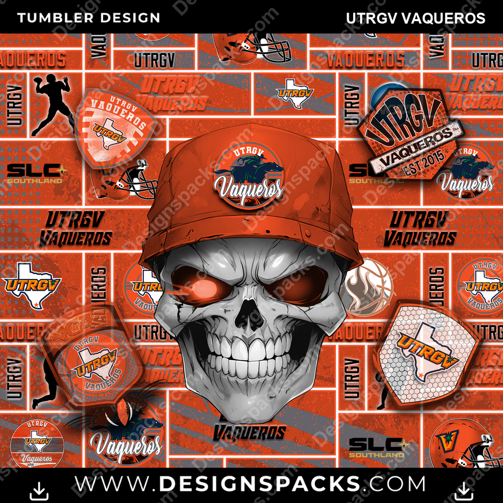 College Sport Skull UTRGV Vaqueros Tumbler Digital Wrap Design