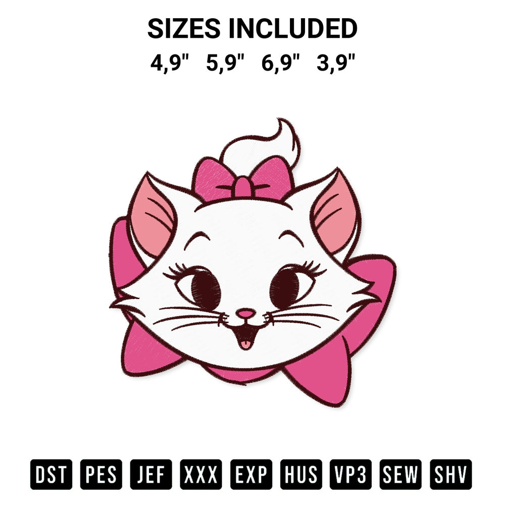 Discover the perfect addition to your crafting collection: Disney Marie The Aristocats Embroidery Design embroidery file. Instantly available at Designspacks.com. Available sizes: 4,9", 5,9", 6,9", 3,9".