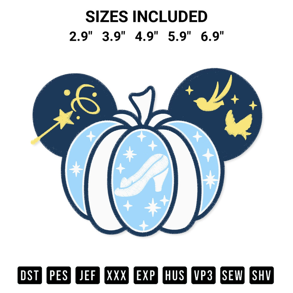 Stitch like a pro with the Cinderella Princess Pumpkin Mouse Head Embroidery Design embroidery pattern from Designspacks.com. High-quality digital machine embroidery file. Available sizes: 2.9", 3.9", 4.9", 5.9", 6.9".