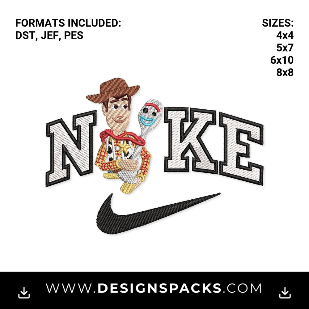 Woody and Forky Athletic Swoosh Embroidery Design - Instant digital download pattern at Designspacks.com