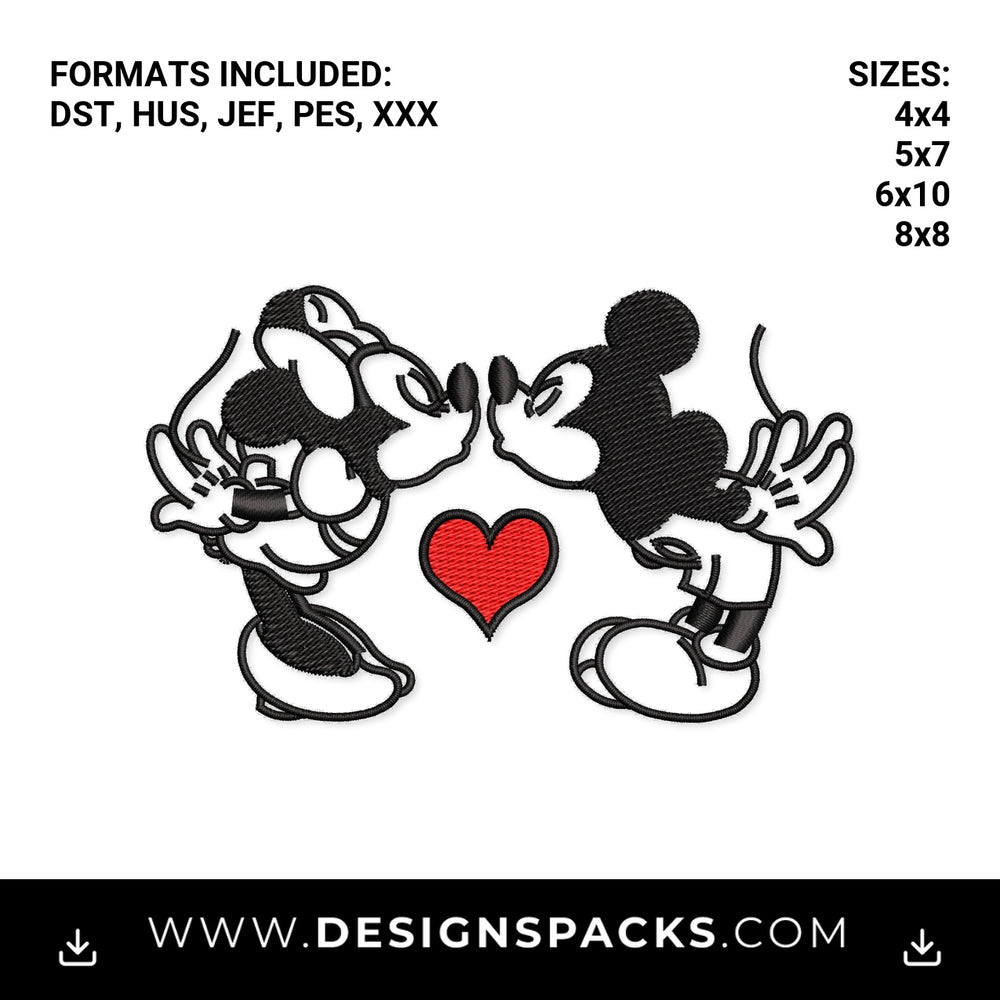 Kissing Mouse Couple with Red Heart Embroidery Design - Instant digital download pattern at Designspacks.com