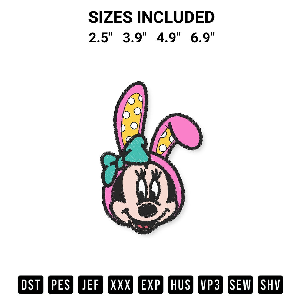 Transform your fabrics with the Minnie Bunny Face Easter Embroidery Design embroidery design. Instant access to premium digitized patterns at Designspacks.com. Available sizes: 2.5", 3.9", 4.9", 6.9".