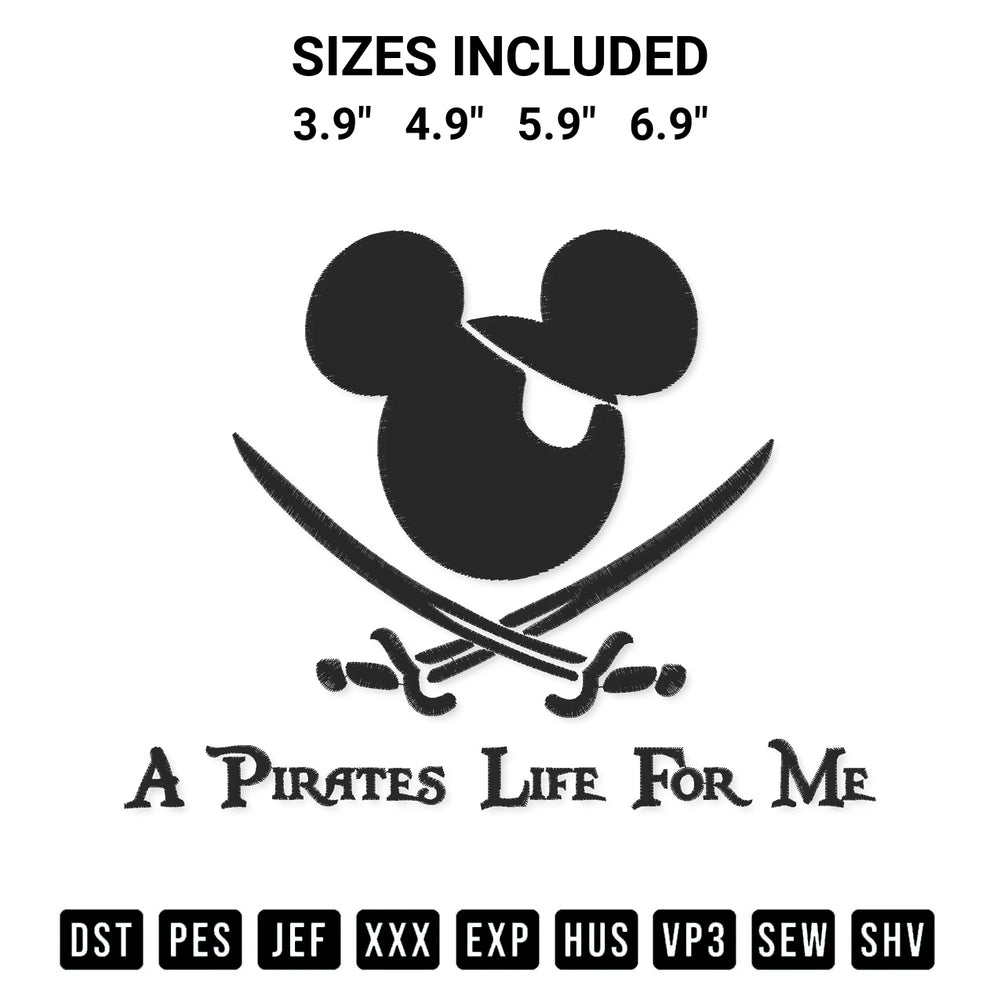 Stitch like a pro with the A Pirates Life For Me Mickey Embroidery Design embroidery pattern from Designspacks.com. High-quality digital machine embroidery file. Available sizes: 3.9", 4.9", 5.9", 6.9".