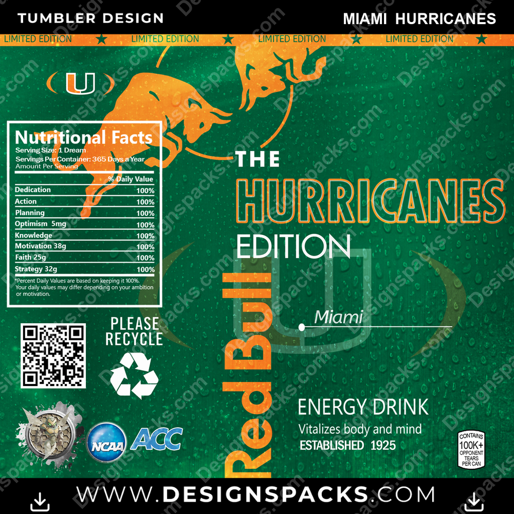 College Sport Red Bull Miami Hurricanes NCAA College Sport Tumbler Digital Wrap Design Download