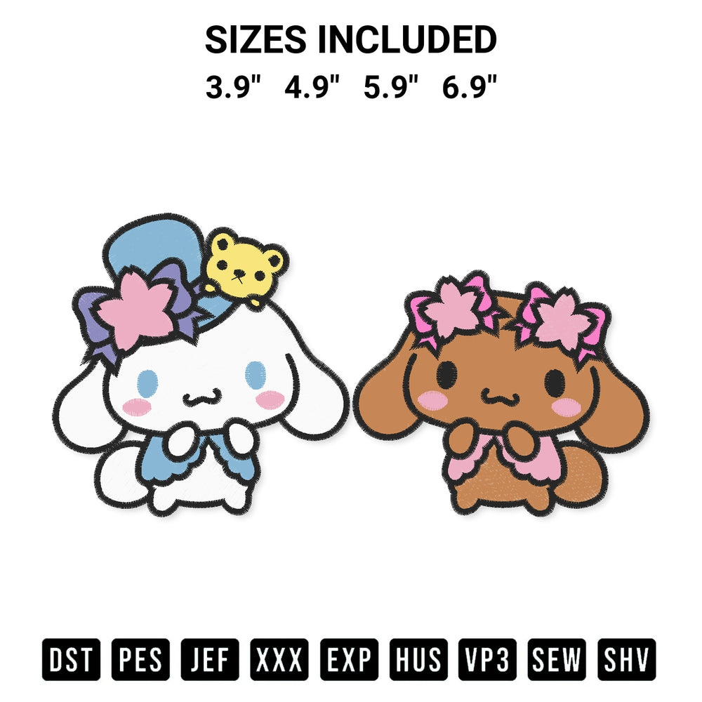 Discover the perfect addition to your crafting collection: Sanrio Cinnamoroll And Mocha Embroidery Design embroidery file. Instantly available at Designspacks.com. Available sizes: 3.9", 4.9", 5.9", 6.9".