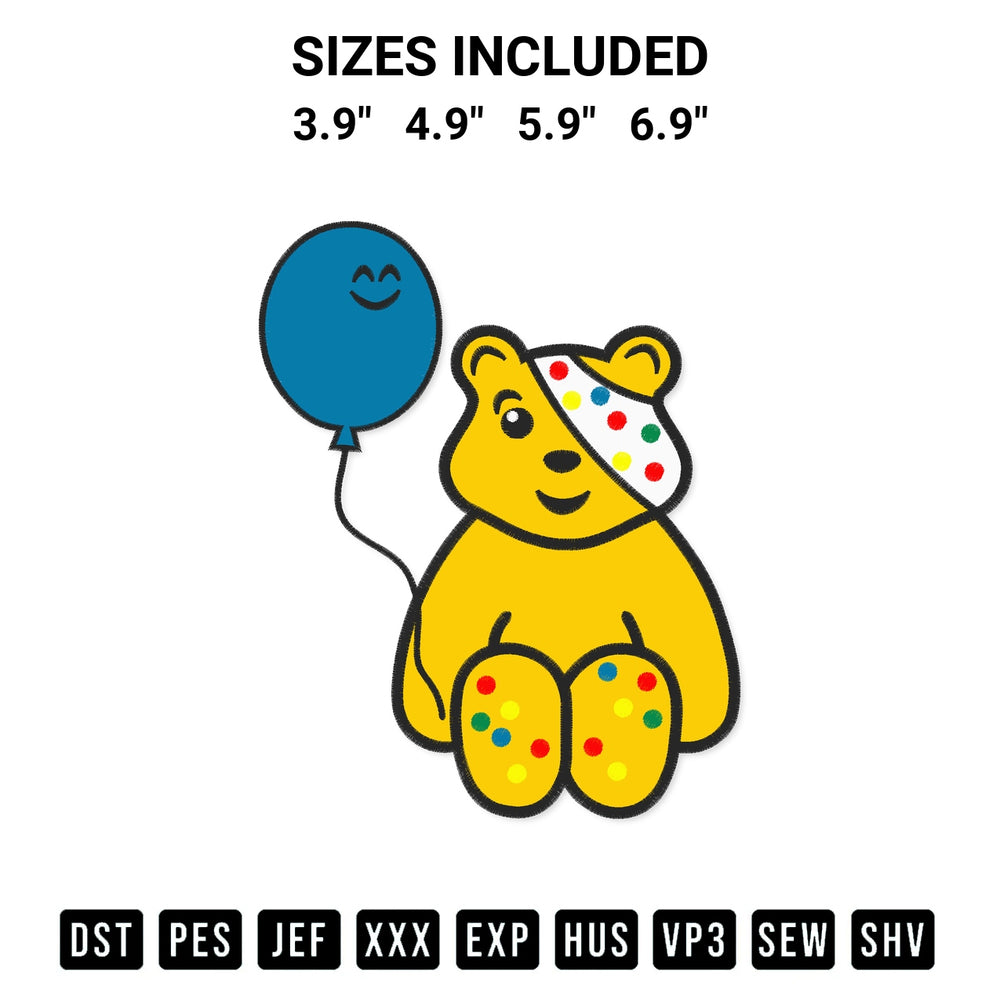 Discover the perfect addition to your crafting collection: Pudsey With Balloon Embroidery Design embroidery file. Instantly available at Designspacks.com. Available sizes: 3.9", 4.9", 5.9", 6.9".
