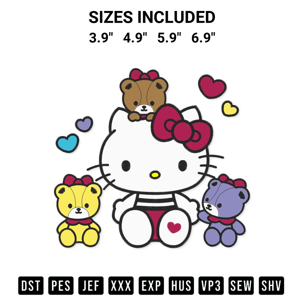 Create amazing crafts with the Hello Kitty With Tiny Chums Embroidery Design embroidery file. High-quality digital download from Designspacks.com, perfect for beginners and pros. Available sizes: 3.9", 4.9", 5.9", 6.9".