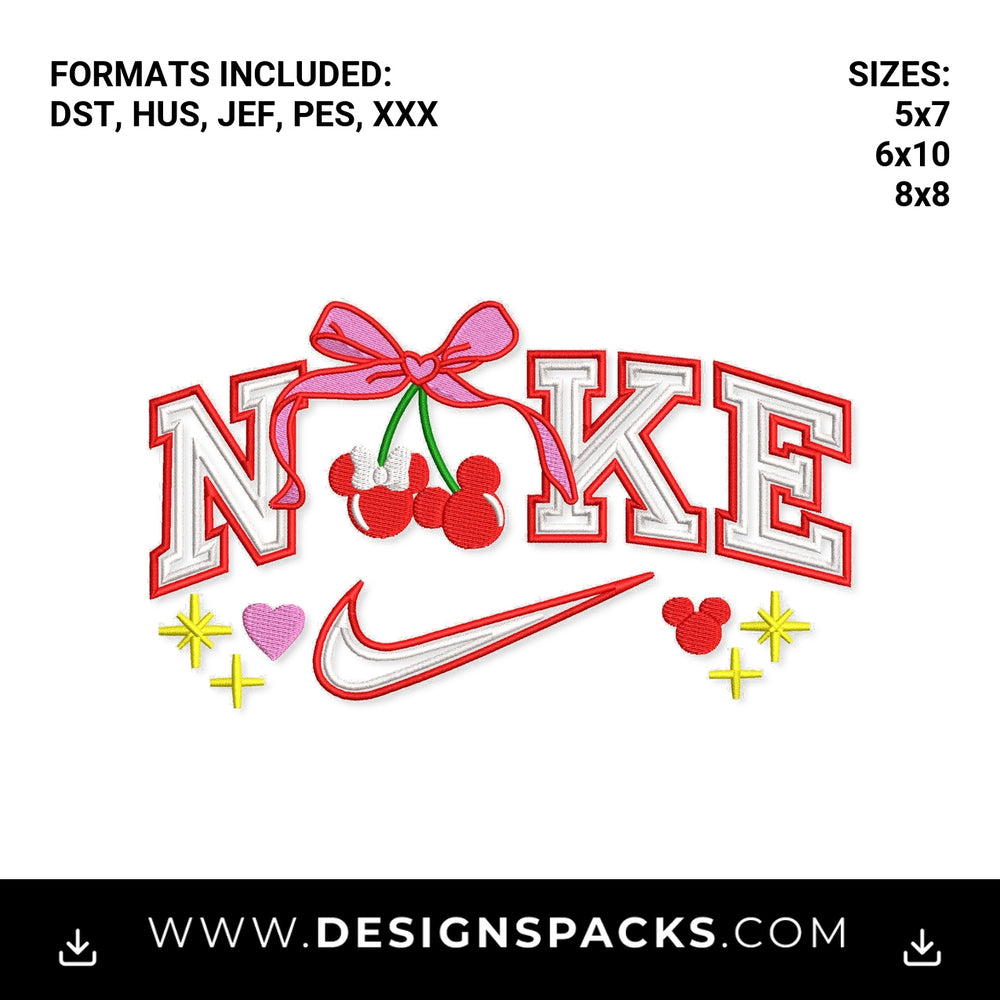 Pink Bow Mouse Cherry Varsity Swoosh Embroidery Design - Instant digital download pattern at Designspacks.com