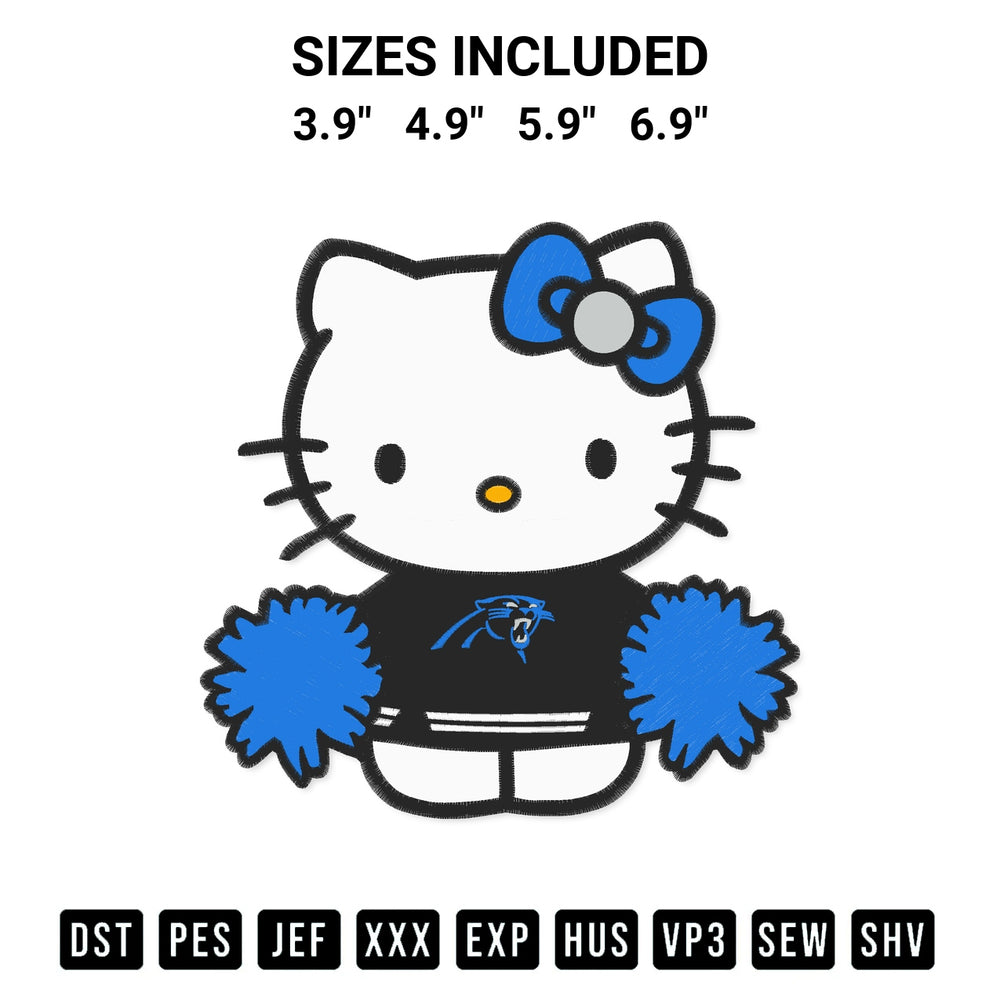 Download the Carolina Panthers Hello Kitty Cheerleader Embroidery Design machine embroidery design exclusively at Designspacks.com. Premium digitized pattern for apparel and DIY crafts. Available sizes: 3.9", 4.9", 5.9", 6.9".
