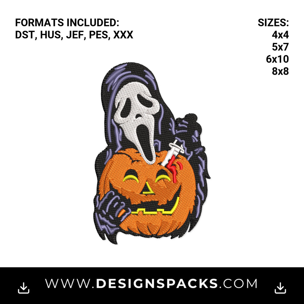 Ghostface Stabbed Halloween Pumpkin Embroidery Design - Instant digital download pattern at Designspacks.com