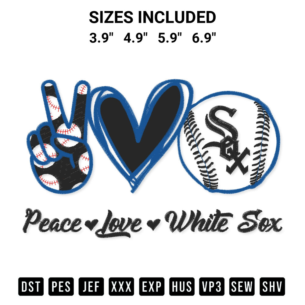 Create amazing crafts with the Peace Love White Sox Embroidery Design embroidery file. High-quality digital download from Designspacks.com, perfect for beginners and pros. Available sizes: 3.9", 4.9", 5.9", 6.9".