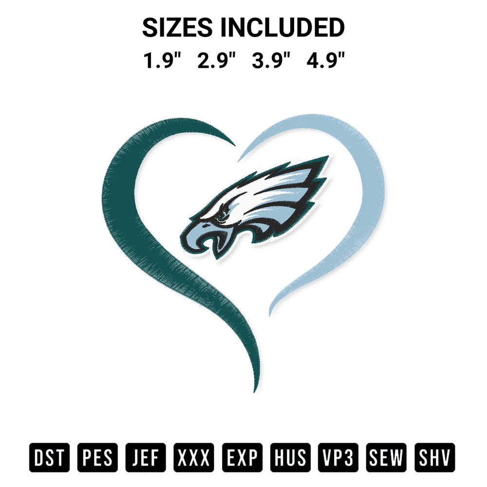Transform your fabrics with the Nfl Philadelphia Eagles Heart Embroidery Design embroidery design. Instant access to premium digitized patterns at Designspacks.com. Available sizes: 1.9", 2.9", 3.9", 4.9".