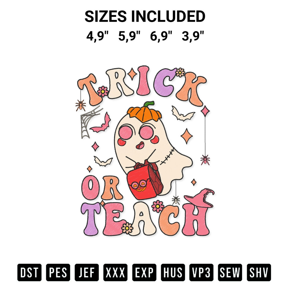 Download the Cute Boo Ghost Trick Or Teach Groovy Halloween Costume Teacher Logo Embroidery Design machine embroidery design exclusively at Designspacks.com. Premium digitized pattern for apparel and DIY crafts. Available sizes: 4,9", 5,9", 6,9", 3,9".