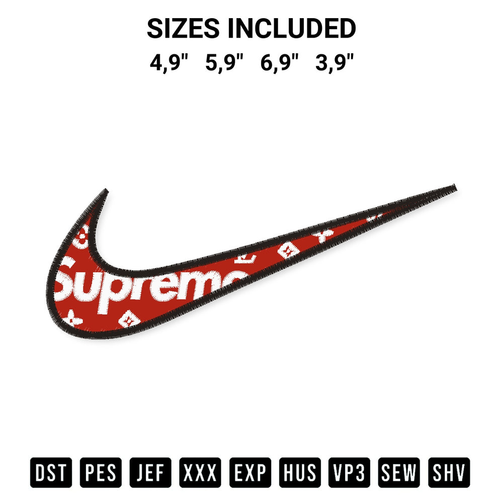 Shop the Nike Superme Louis Vuitton Logo Embroidery Design machine embroidery pattern at Designspacks.com. Beautifully digitized for flawless stitching on any fabric. Available sizes: 4,9", 5,9", 6,9", 3,9".