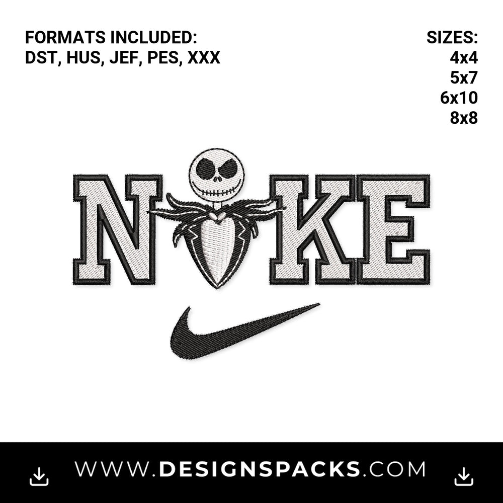 Jack Skellington Nike Swoosh Embroidery Design - Instant digital download pattern at Designspacks.com