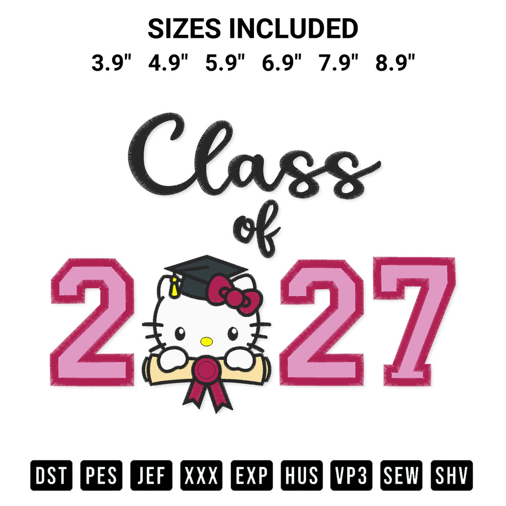 Transform your fabrics with the Class Of 2027 Hello Kitty Embroidery Design embroidery design. Instant access to premium digitized patterns at Designspacks.com. Available sizes: 3.9", 4.9", 5.9", 6.9", 7.9", 8.9".