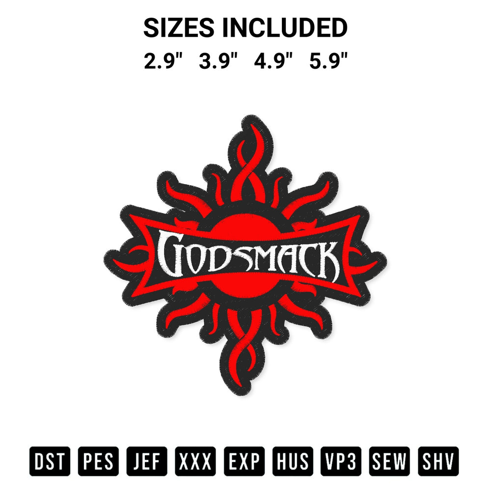 Create amazing crafts with the Godsmack Rock Band Embroidery Design embroidery file. High-quality digital download from Designspacks.com, perfect for beginners and pros. Available sizes: 2.9", 3.9", 4.9", 5.9".