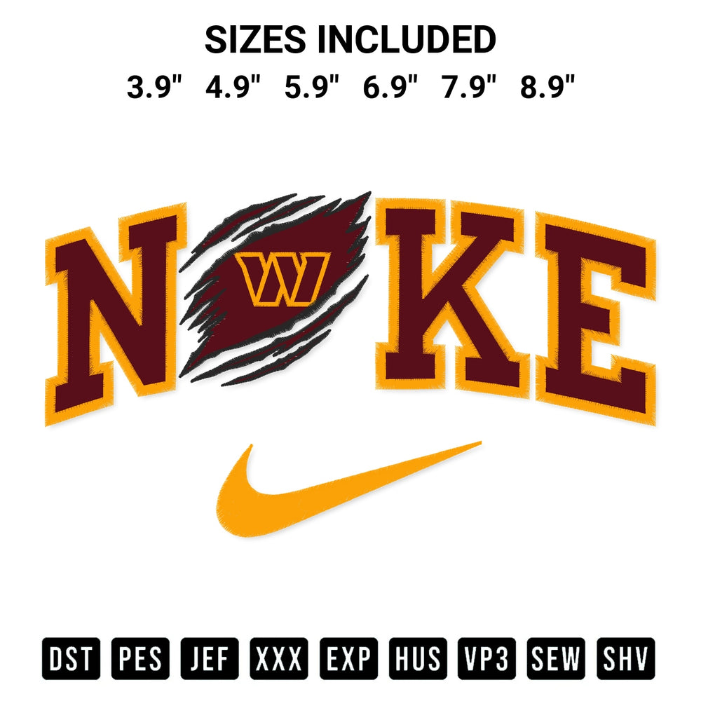 Create amazing crafts with the Washington Commanders X Nike Embroidery Design embroidery file. High-quality digital download from Designspacks.com, perfect for beginners and pros. Available sizes: 3.9", 4.9", 5.9", 6.9", 7.9", 8.9".