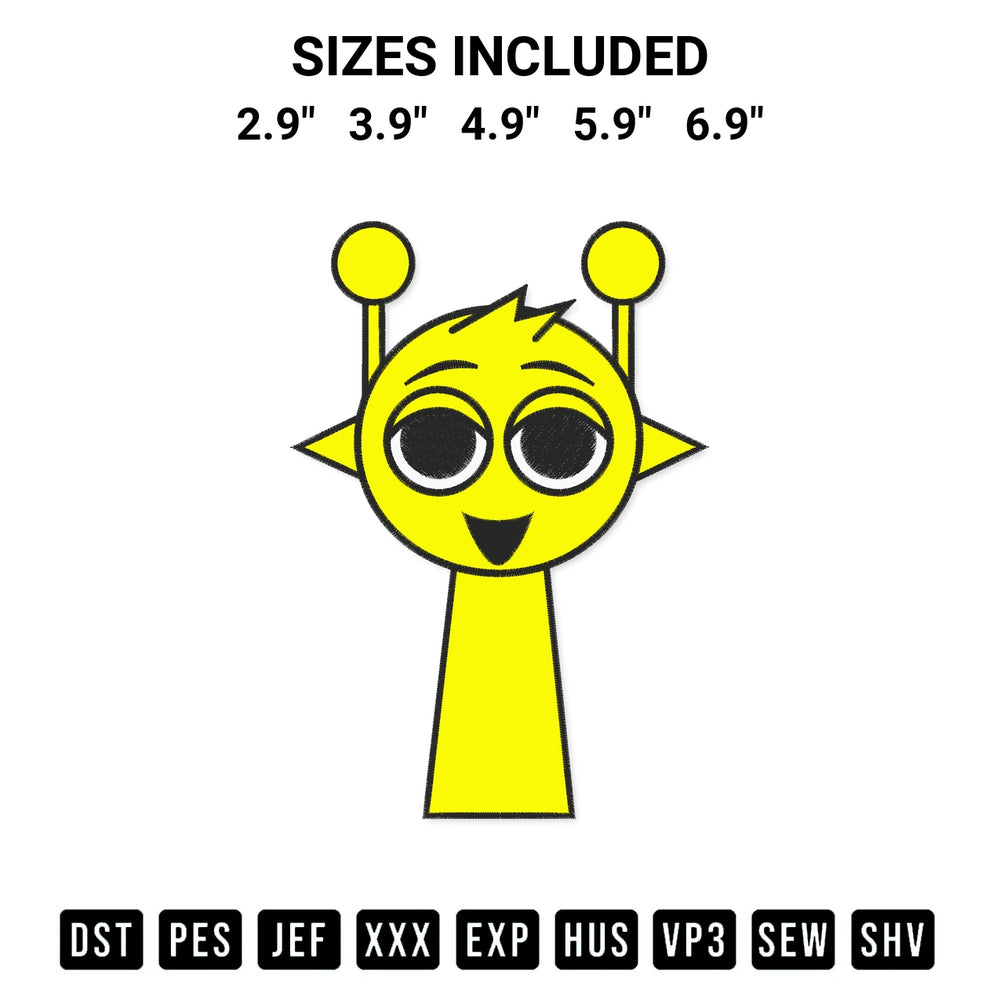 Create amazing crafts with the Sprunki Game Simon Yellow Embroidery Design embroidery file. High-quality digital download from Designspacks.com, perfect for beginners and pros. Available sizes: 2.9", 3.9", 4.9", 5.9", 6.9".
