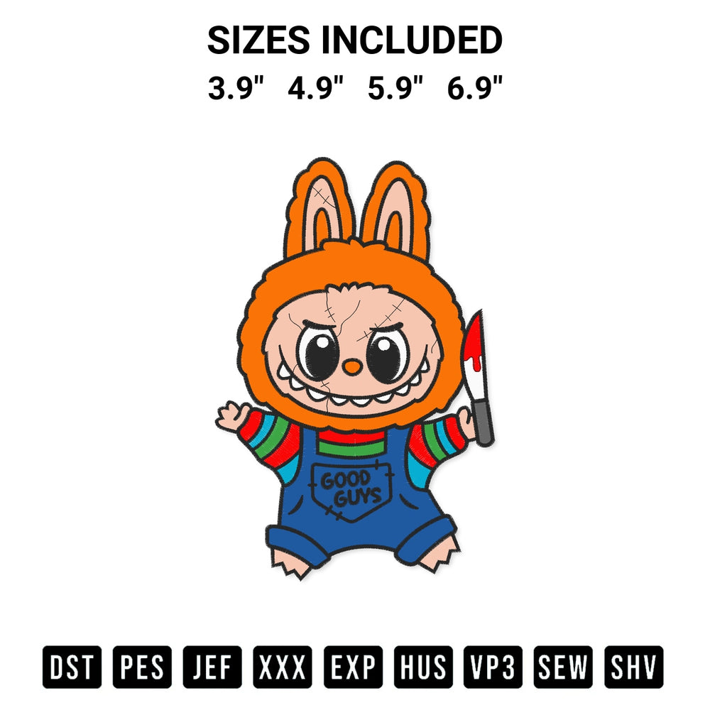 Transform your fabrics with the Chucky Labubu Embroidery Design embroidery design. Instant access to premium digitized patterns at Designspacks.com. Available sizes: 3.9", 4.9", 5.9", 6.9".