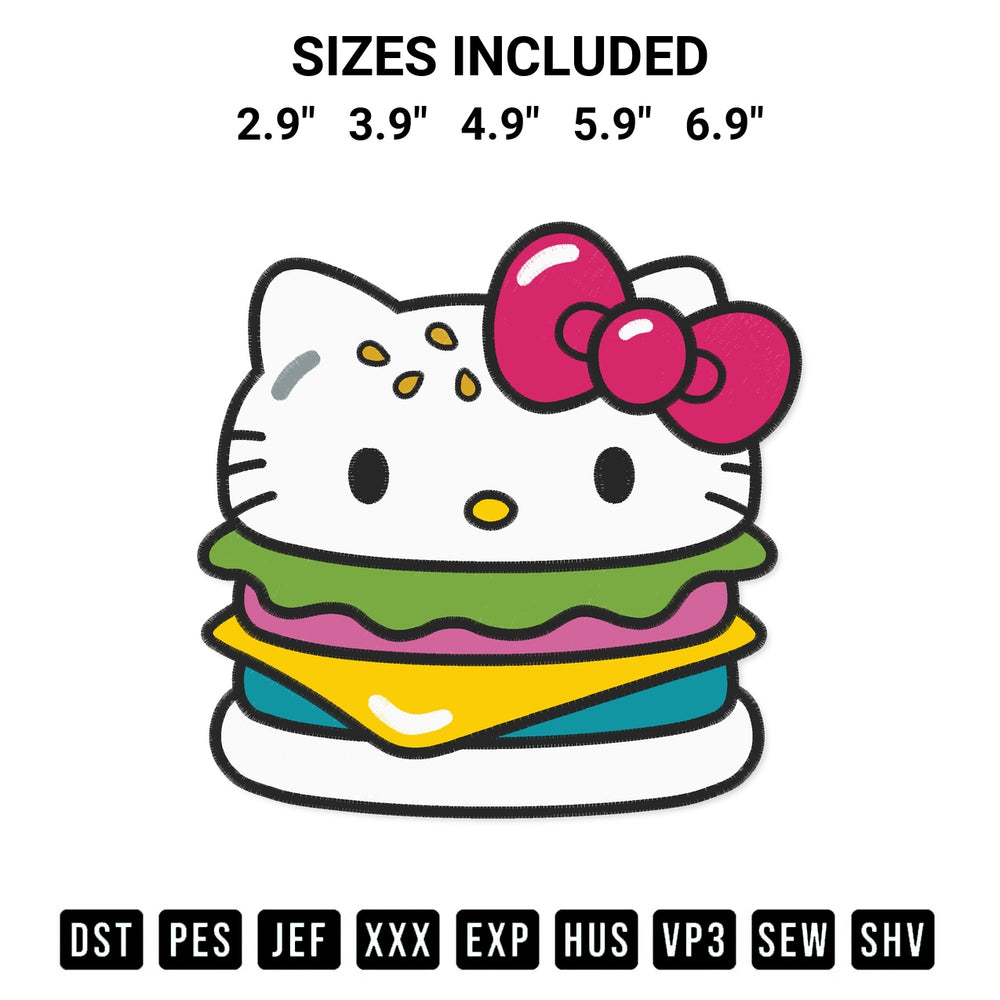Download the Hello Kitty Burger Embroidery Design machine embroidery design exclusively at Designspacks.com. Premium digitized pattern for apparel and DIY crafts. Available sizes: 2.9", 3.9", 4.9", 5.9", 6.9".