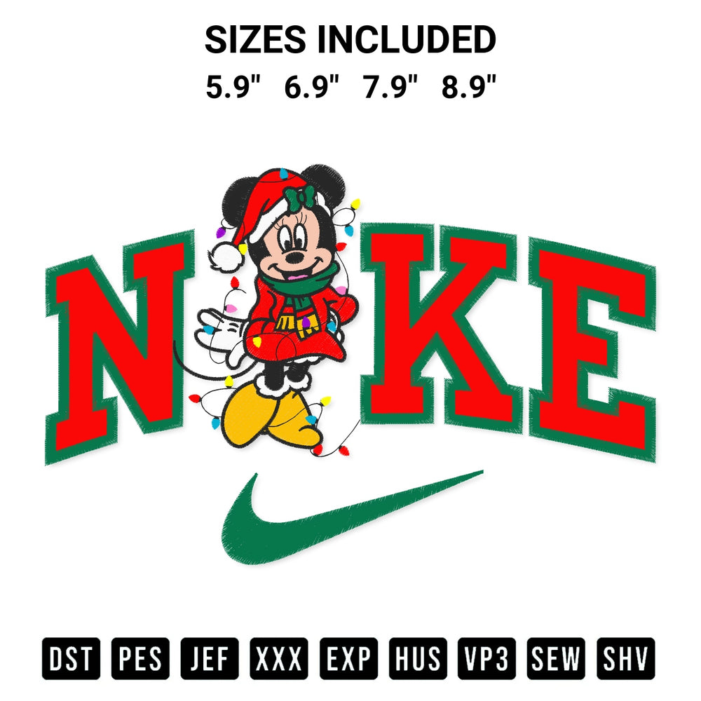 Stitch like a pro with the Christmas Lights Minnie X Nike Embroidery Design embroidery pattern from Designspacks.com. High-quality digital machine embroidery file. Available sizes: 5.9", 6.9", 7.9", 8.9".