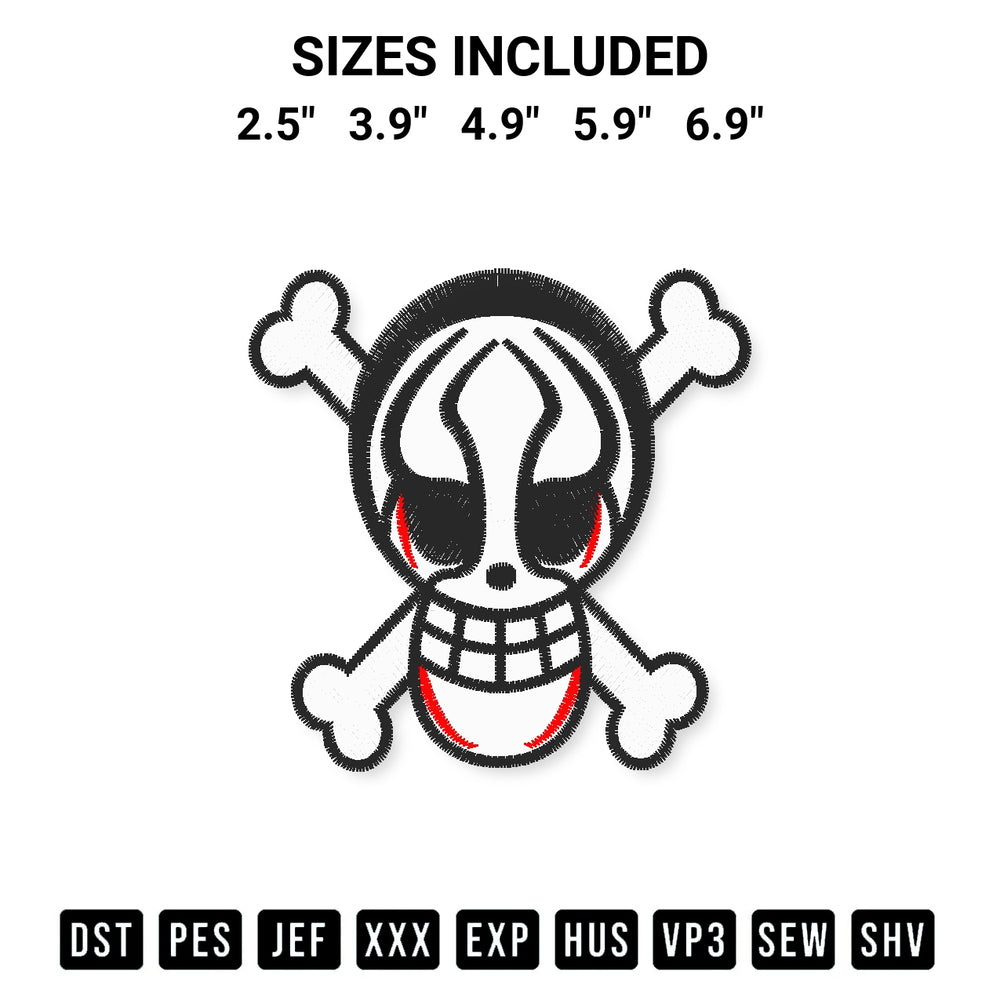 Create amazing crafts with the Yokai Pirates Jolly Roger Embroidery Design embroidery file. High-quality digital download from Designspacks.com, perfect for beginners and pros. Available sizes: 2.5", 3.9", 4.9", 5.9", 6.9".