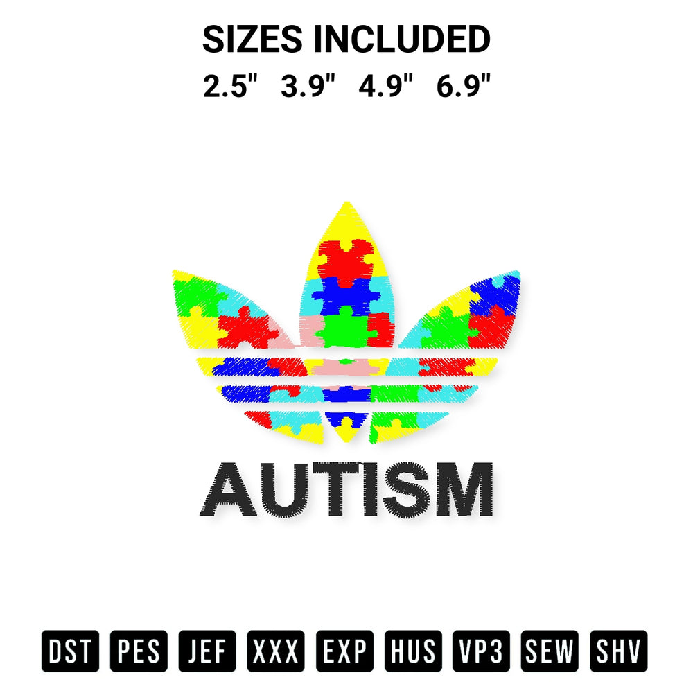 Get the Autism Adidas Logo Embroidery Design embroidery design for your custom crafts! Premium digitized files available for instant download at Designspacks.com. Available sizes: 2.5", 3.9", 4.9", 6.9".