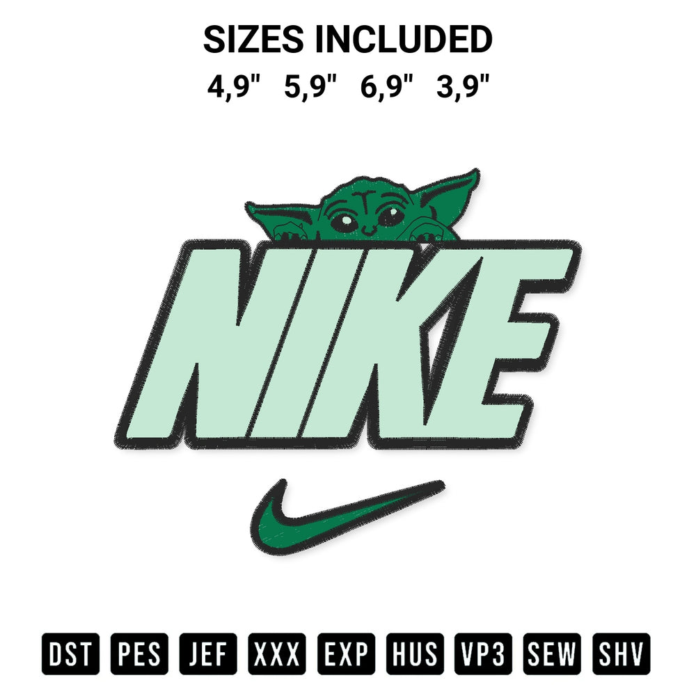 Transform your fabrics with the Nike Yoda Logo Embroidery Design embroidery design. Instant access to premium digitized patterns at Designspacks.com. Available sizes: 4,9", 5,9", 6,9", 3,9".