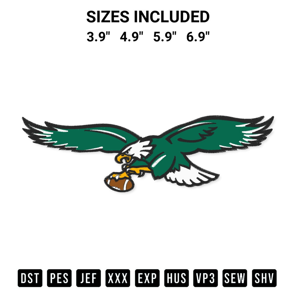 Shop the Philadelphia Eagles Mascot Embroidery Design machine embroidery pattern at Designspacks.com. Beautifully digitized for flawless stitching on any fabric. Available sizes: 3.9", 4.9", 5.9", 6.9".