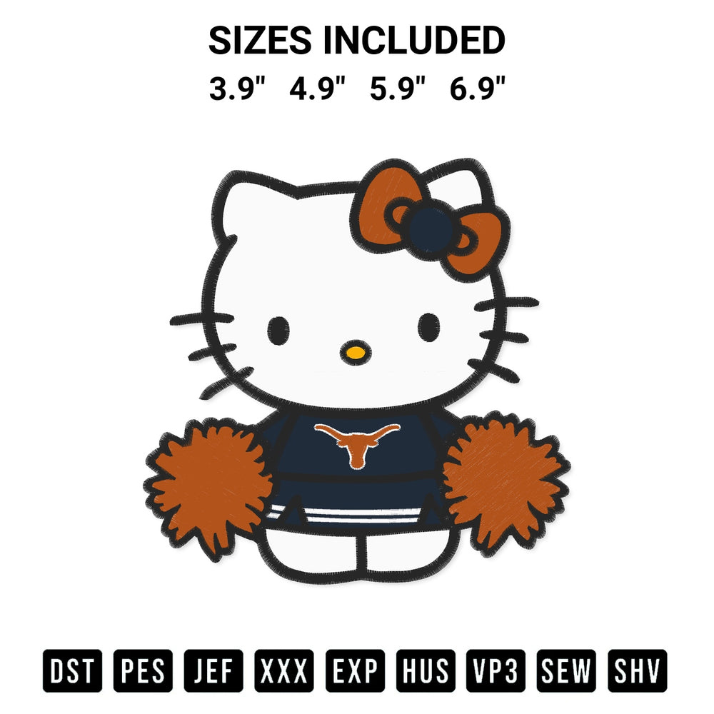 Discover the perfect addition to your crafting collection: Texas Longhorns Hello Kitty Cheerleader Embroidery Design embroidery file. Instantly available at Designspacks.com. Available sizes: 3.9", 4.9", 5.9", 6.9".