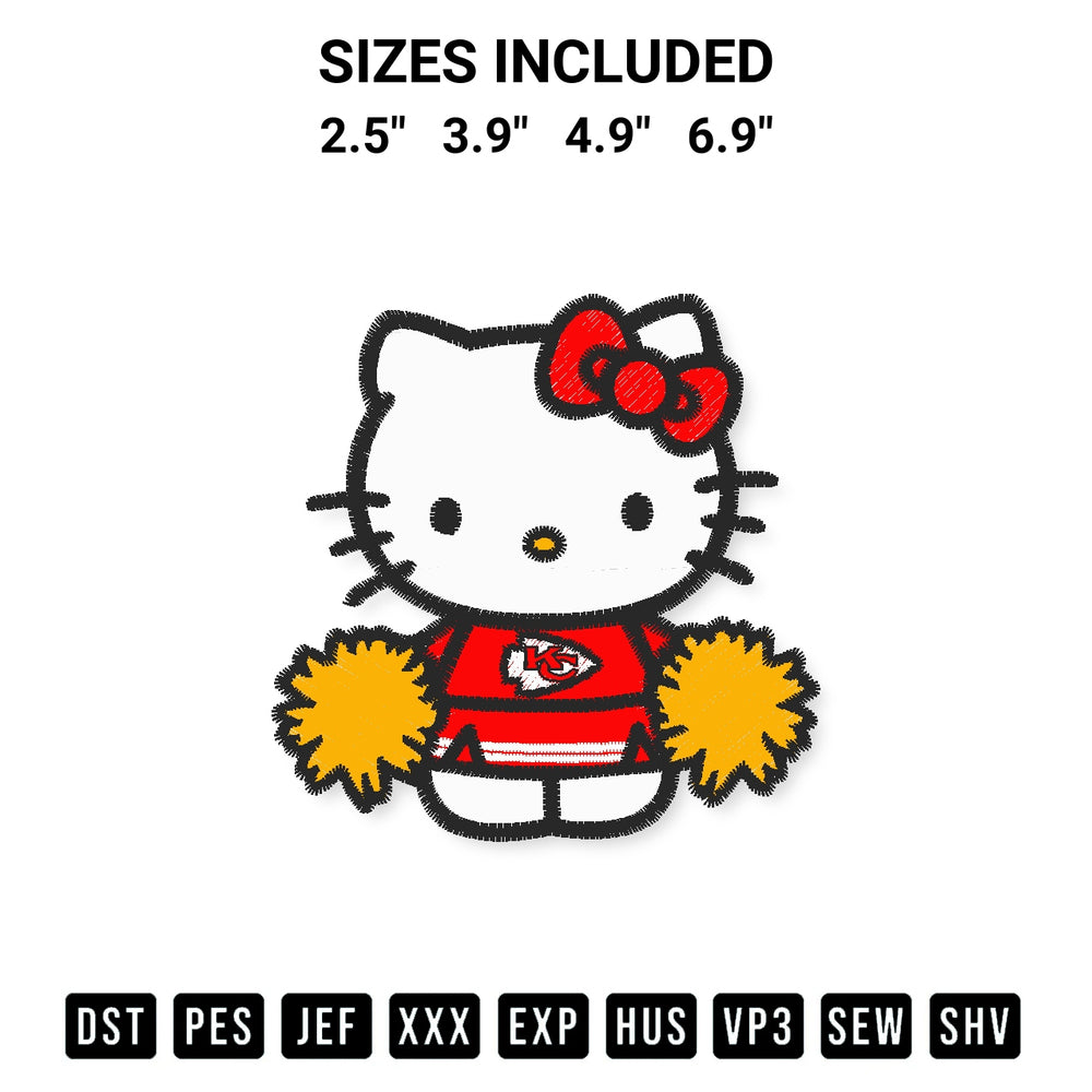 Create amazing crafts with the Hello Kitty Cheerleader Kansas City Chiefs Embroidery Design embroidery file. High-quality digital download from Designspacks.com, perfect for beginners and pros. Available sizes: 2.5", 3.9", 4.9", 6.9".