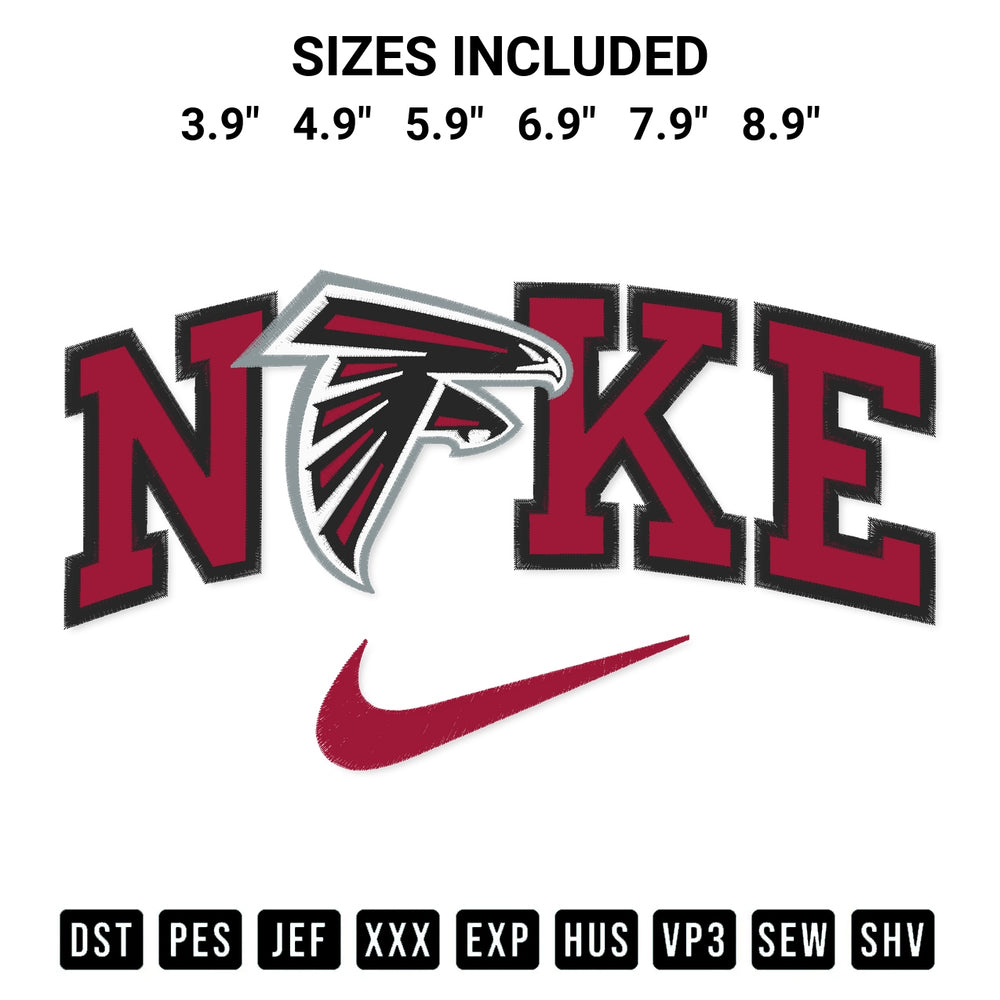Shop the Atlanta Falcons X Nike Embroidery Design machine embroidery pattern at Designspacks.com. Beautifully digitized for flawless stitching on any fabric. Available sizes: 3.9", 4.9", 5.9", 6.9", 7.9", 8.9".