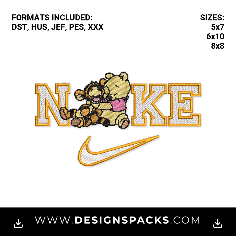 Pooh Bear and Tigger Nike Swoosh Embroidery Design - Instant digital download pattern at Designspacks.com