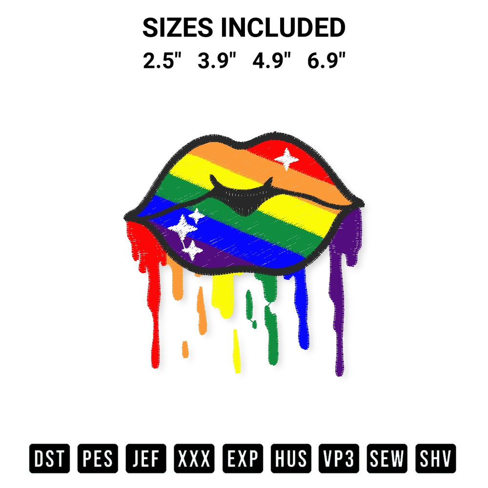 Stitch like a pro with the Lgbt Rainbow Dripping Lips Embroidery Design embroidery pattern from Designspacks.com. High-quality digital machine embroidery file. Available sizes: 2.5", 3.9", 4.9", 6.9".