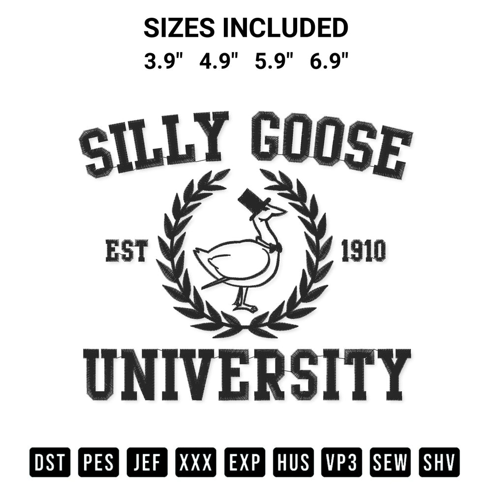 Add a unique touch to your apparel with the Silly Goose University Est 1910 Funny Goose Academy Embroidery Design embroidery file. Premium instant download available now on Designspacks.com. Available sizes: 3.9", 4.9", 5.9", 6.9".