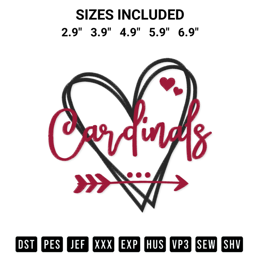 Discover the perfect addition to your crafting collection: Cardinals Heart Embroidery Design embroidery file. Instantly available at Designspacks.com. Available sizes: 2.9", 3.9", 4.9", 5.9", 6.9".