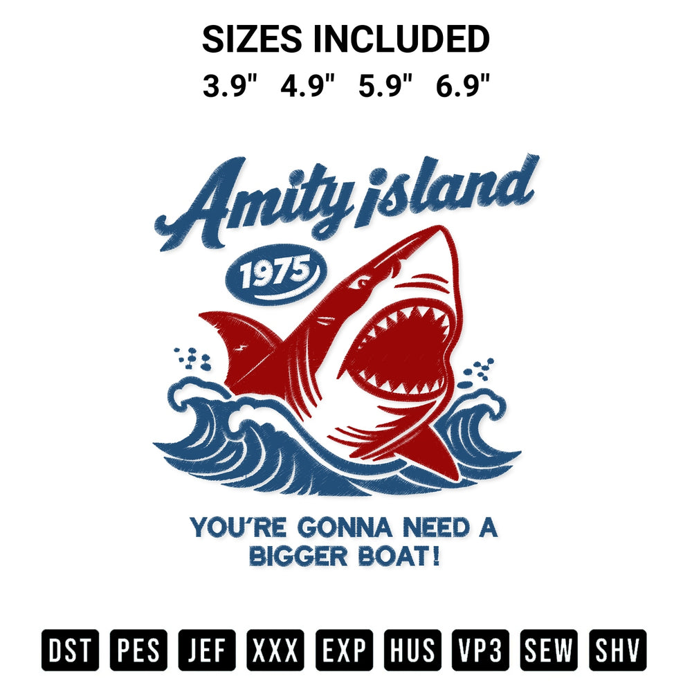 Download the Amity Island Shark Attack Embroidery Design machine embroidery design exclusively at Designspacks.com. Premium digitized pattern for apparel and DIY crafts. Available sizes: 3.9", 4.9", 5.9", 6.9".