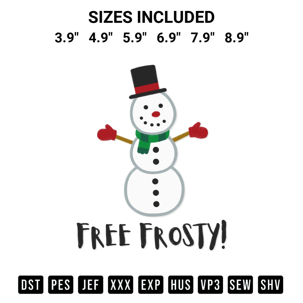 Transform your fabrics with the Free Frosty Snowman Embroidery Design embroidery design. Instant access to premium digitized patterns at Designspacks.com. Available sizes: 3.9", 4.9", 5.9", 6.9", 7.9", 8.9".