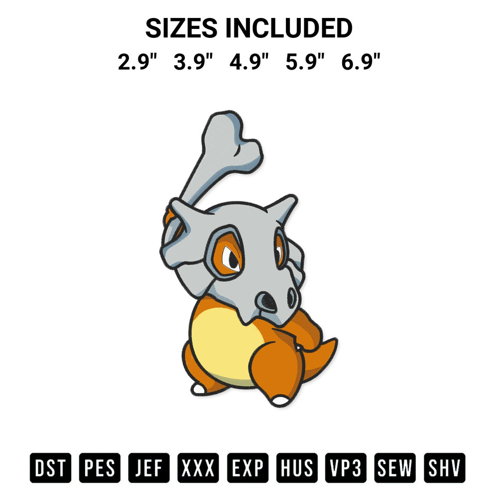 Add a unique touch to your apparel with the Cubone Pokemon Embroidery Design embroidery file. Premium instant download available now on Designspacks.com. Available sizes: 2.9", 3.9", 4.9", 5.9", 6.9".