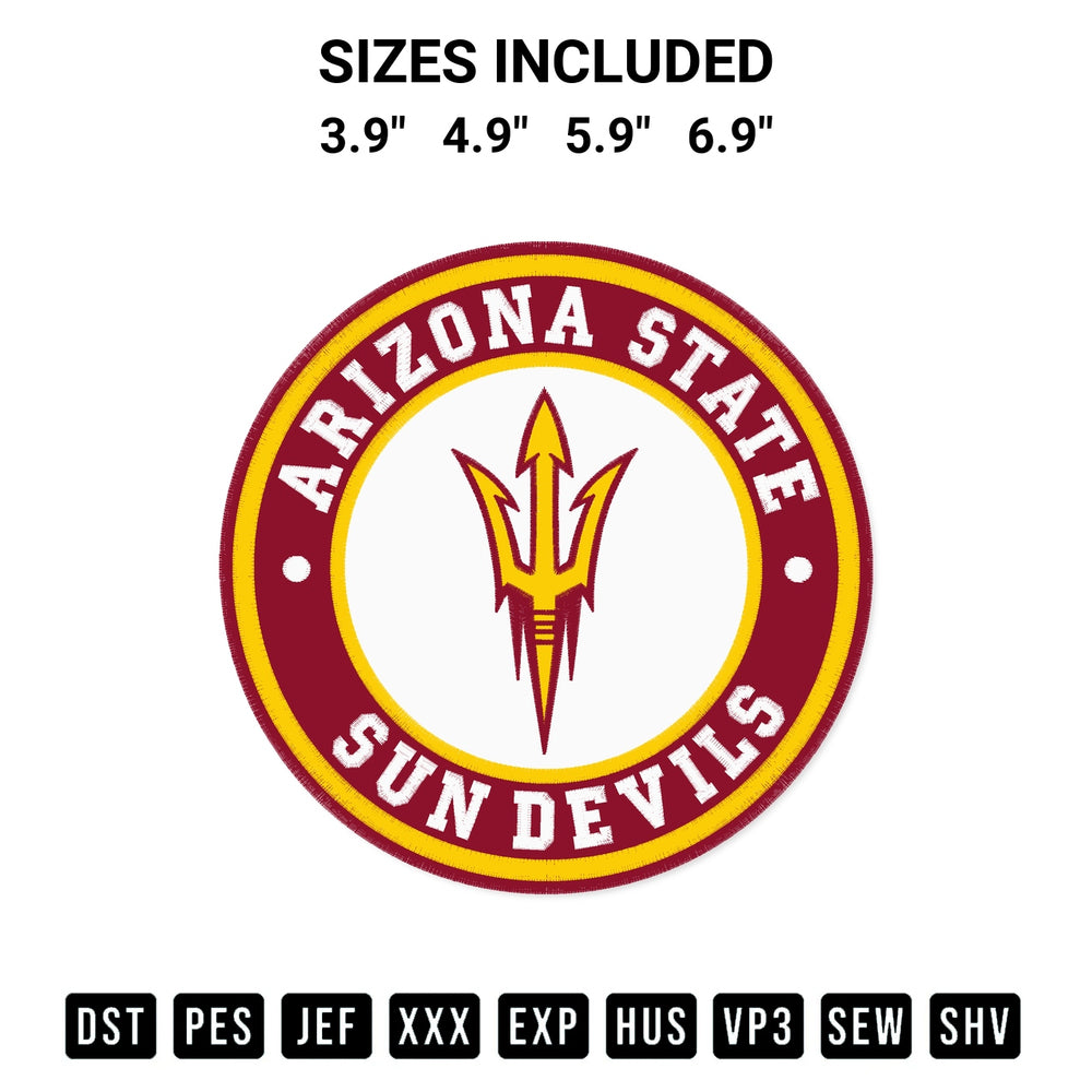 Transform your fabrics with the Arizona State Sun Devils Circle Logo Embroidery Design embroidery design. Instant access to premium digitized patterns at Designspacks.com. Available sizes: 3.9", 4.9", 5.9", 6.9".