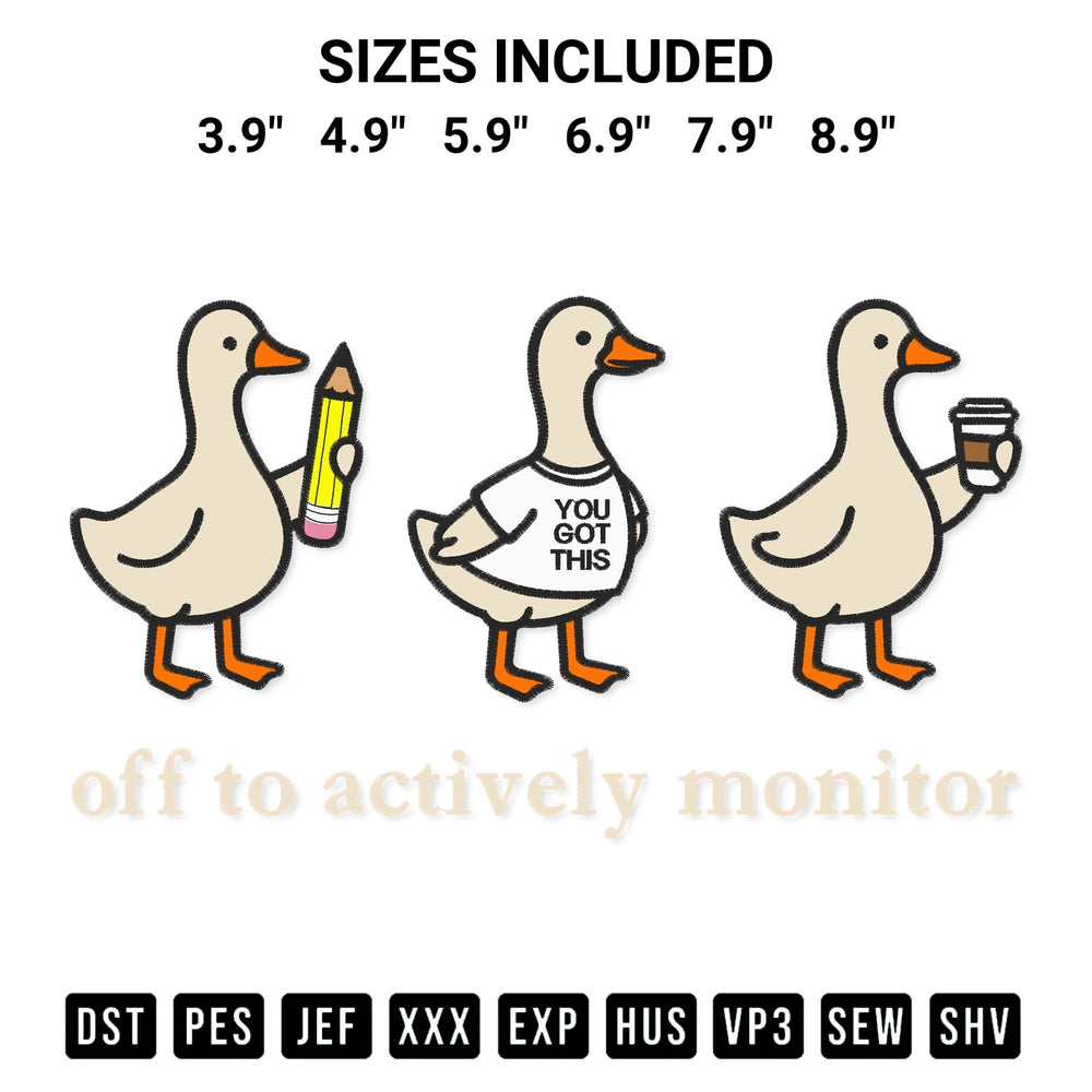 Add a unique touch to your apparel with the Off To Actively Monitor Goose Embroidery Design embroidery file. Premium instant download available now on Designspacks.com. Available sizes: 3.9", 4.9", 5.9", 6.9", 7.9", 8.9".