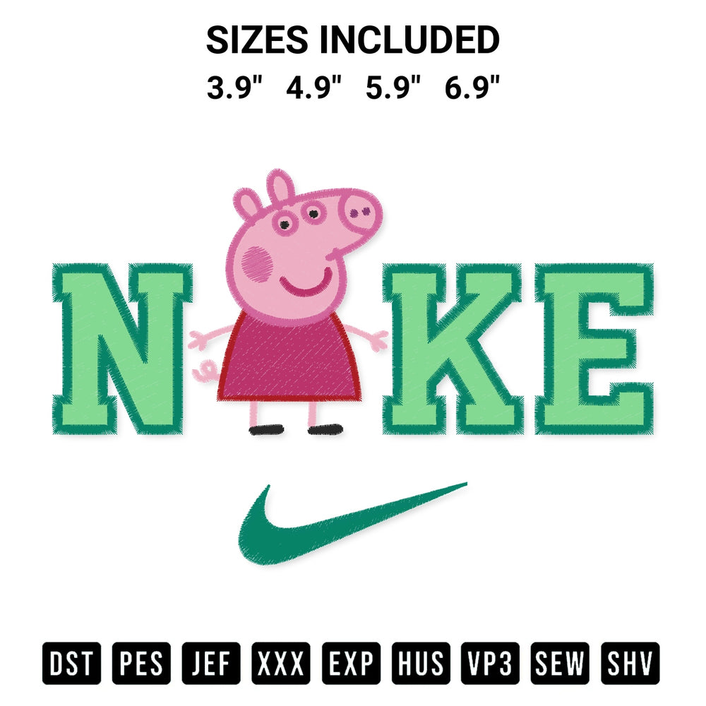 Stitch like a pro with the Nike Peppa Pig Cartoon Embroidery Design embroidery pattern from Designspacks.com. High-quality digital machine embroidery file. Available sizes: 3.9", 4.9", 5.9", 6.9".