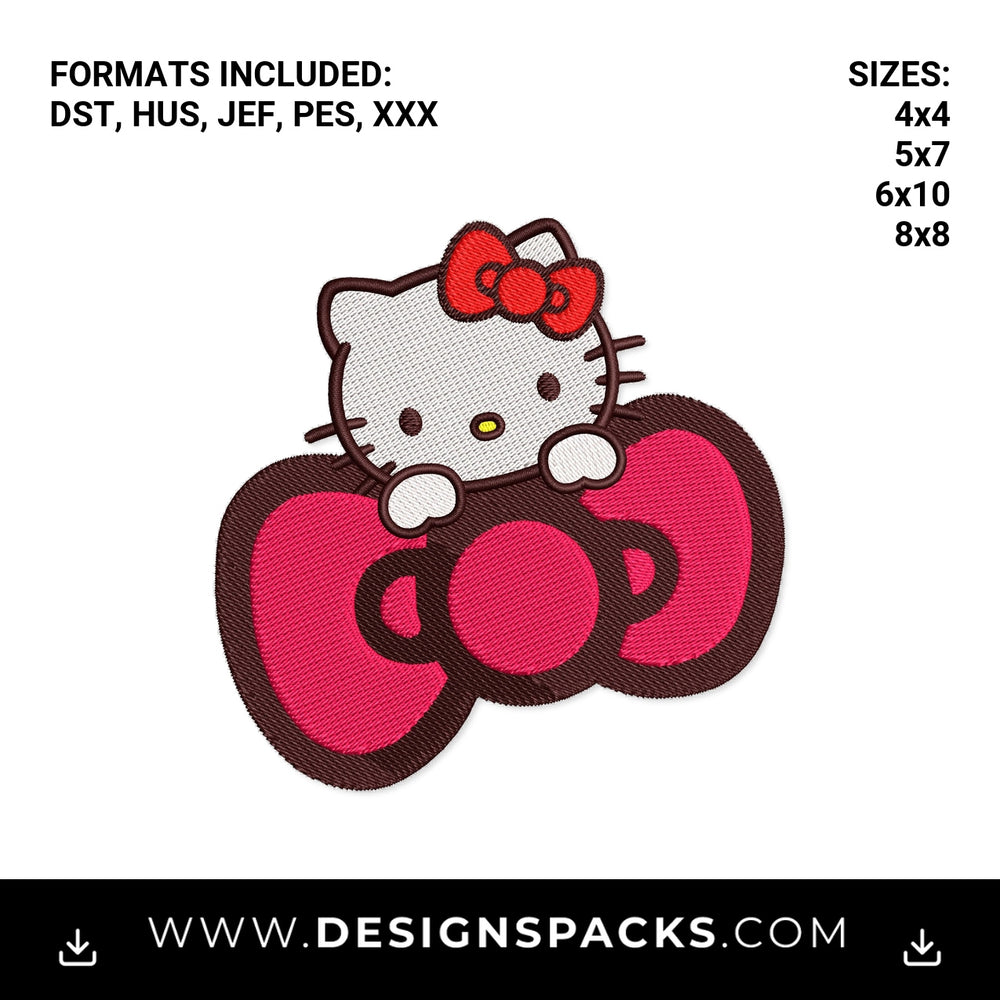Hello Kitty Peeking Over Pink Bow Embroidery Design - Instant digital download pattern at Designspacks.com