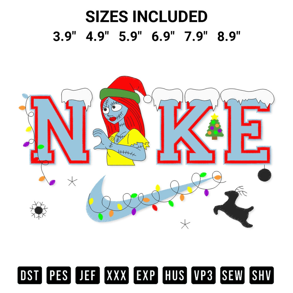 Discover the perfect addition to your crafting collection: Nike Sally Christmas Embroidery Design embroidery file. Instantly available at Designspacks.com. Available sizes: 3.9", 4.9", 5.9", 6.9", 7.9", 8.9".