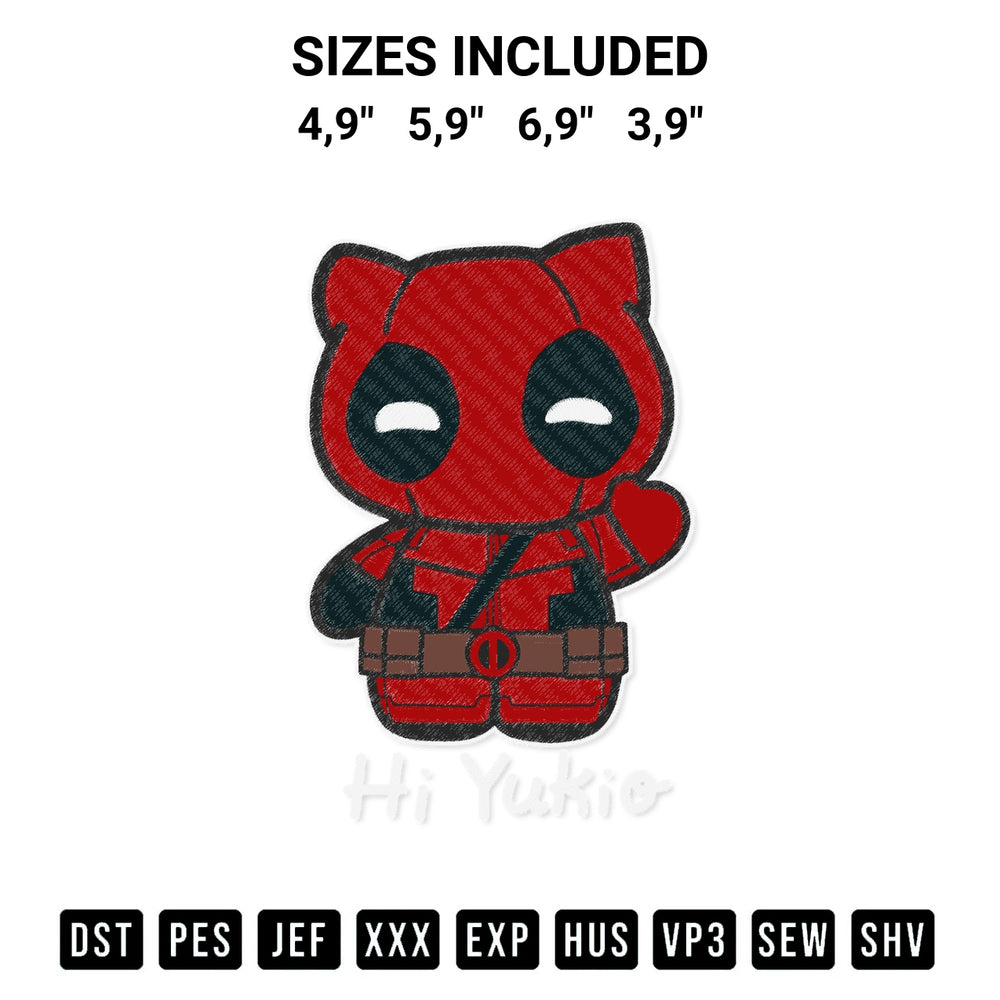 Stitch like a pro with the Hi Yukio Deadpool Hello Kitty Marvel Comics Cute Gift Logo Embroidery Design embroidery pattern from Designspacks.com. High-quality digital machine embroidery file. Available sizes: 4,9", 5,9", 6,9", 3,9".