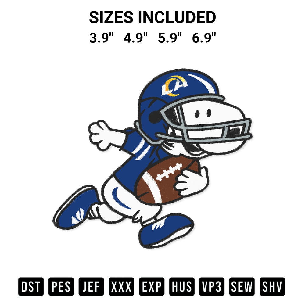 Shop the Snoopy Los Angeles Rams Nfl Embroidery Design machine embroidery pattern at Designspacks.com. Beautifully digitized for flawless stitching on any fabric. Available sizes: 3.9", 4.9", 5.9", 6.9".