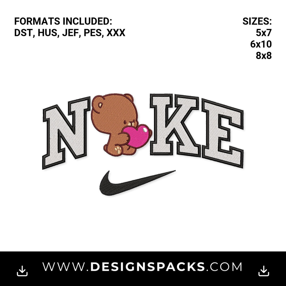 Cute Teddy Bear Swoosh Heart Varsity Embroidery Design - Instant digital download pattern at Designspacks.com